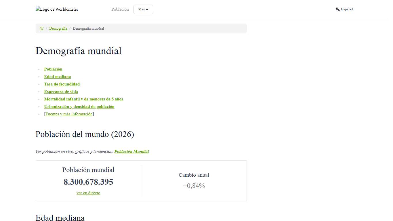 World Demographics 2026 (Population, Age, Sex, Trends) - Worldometer
